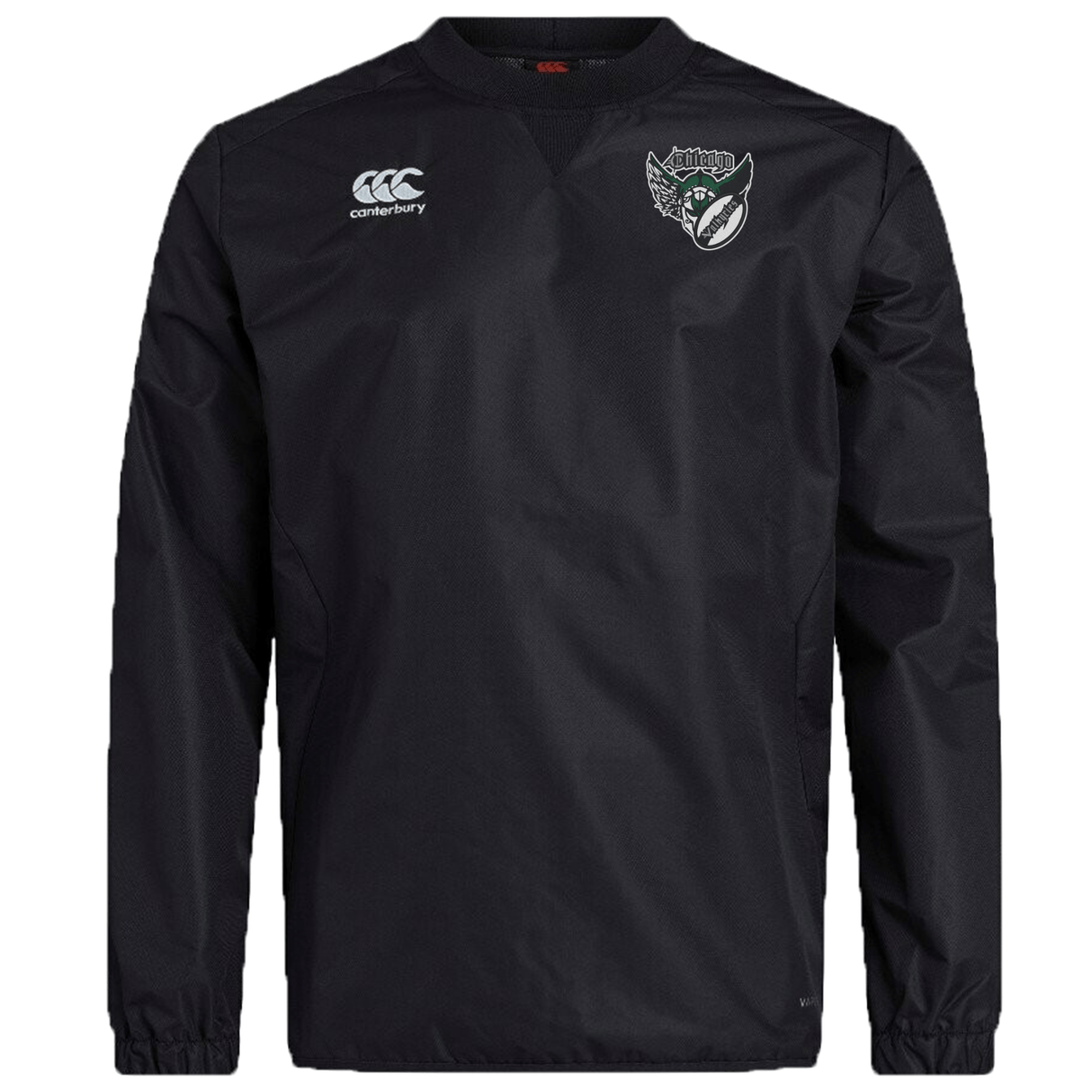 Black long-sleeved rugby contact top with the EMB Canterbury logo on the right chest and a Chicago Valkyries Club emblem on the left chest.