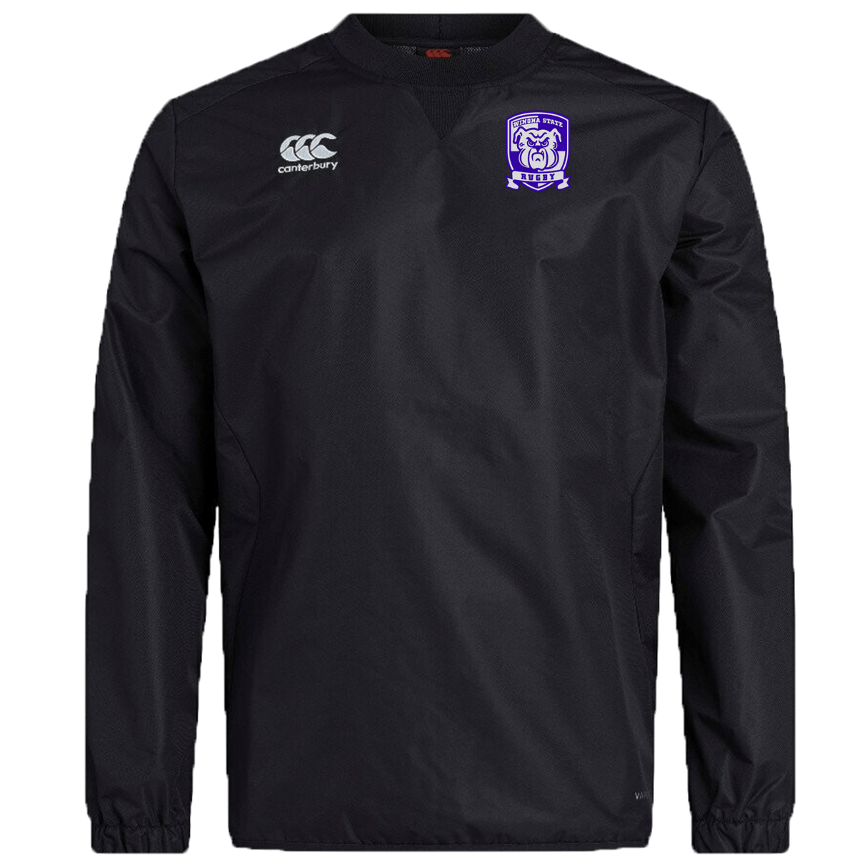 A black long-sleeve sports jacket featuring a purple embroidered crest and logo on the front, crafted from durable Micro Diamond ripstop fabric for enhanced longevity. The product is called Winona State University Club Vaposhield Contact Top by Canterbury, branded as EMB Canterbury.