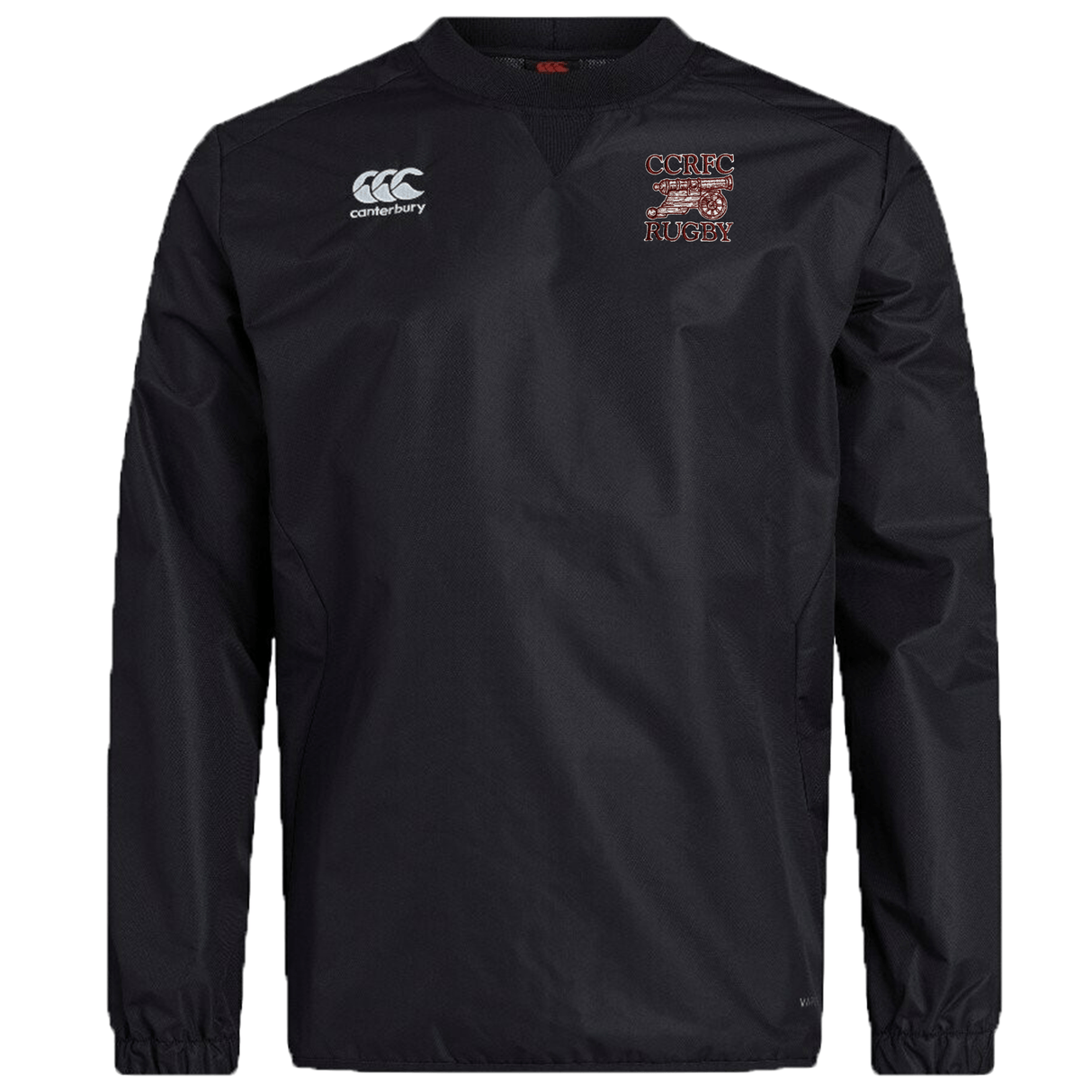Black long sleeve Concord Carlisle Rugby Club Vaposhield Contact Top with EMB Canterbury logo on the right chest and 'ccirc rugby' text on the left chest, crafted from water repellent fabric.