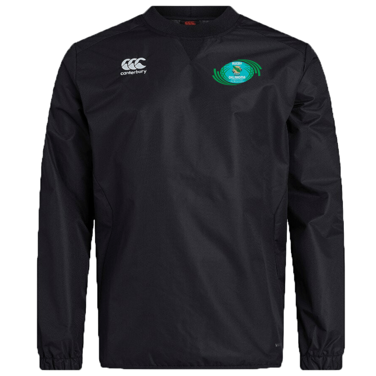 Black long-sleeve Rugby Oklahoma Club Vaposhield Contact Top featuring water repellent technology, with the EMB Canterbury logo on the right chest and a green and blue team emblem on the left.
