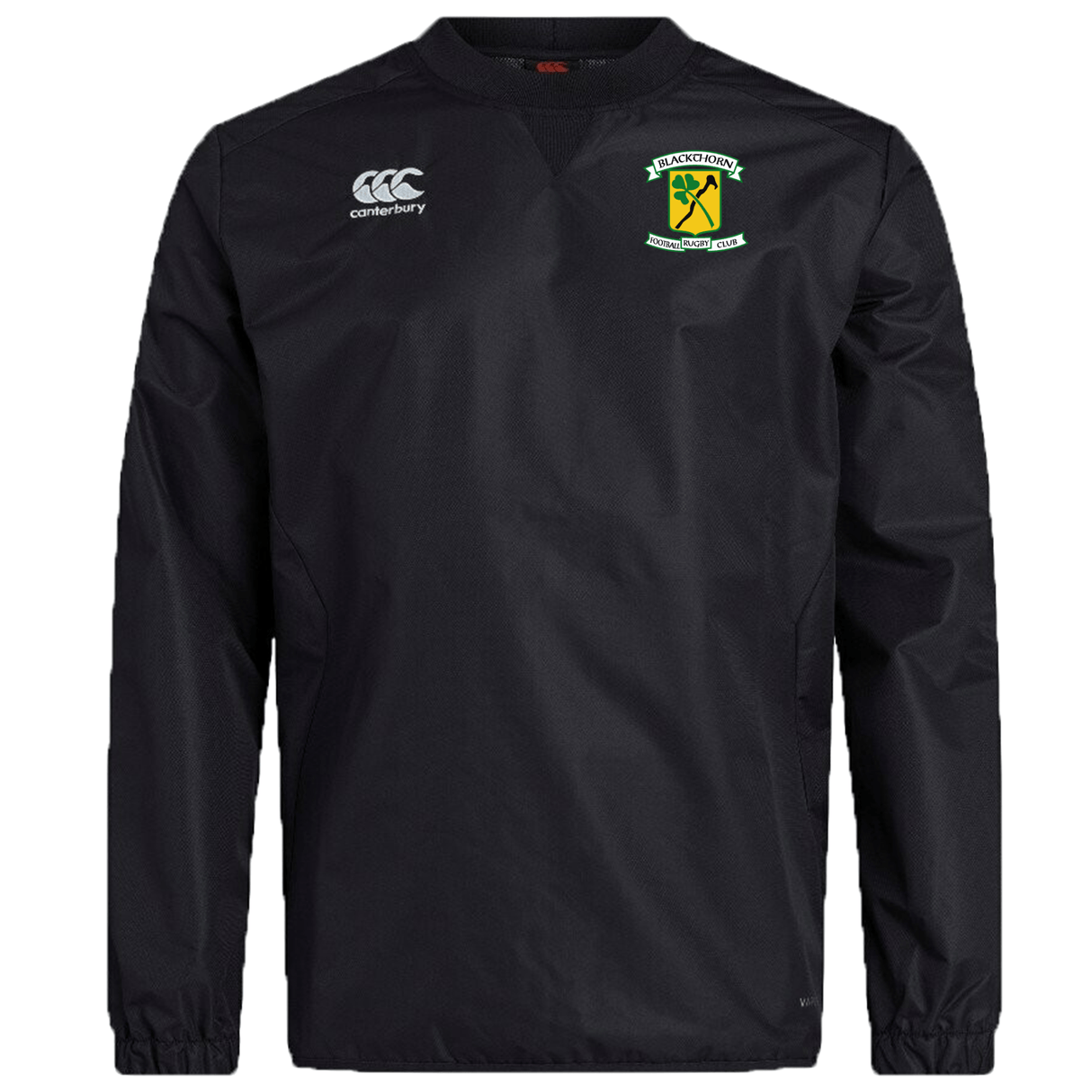Black long-sleeve Blackthorn RFC Club Vaposhield contact top with EMB Canterbury logo on the right chest and an Irish rugby team emblem on the left chest.