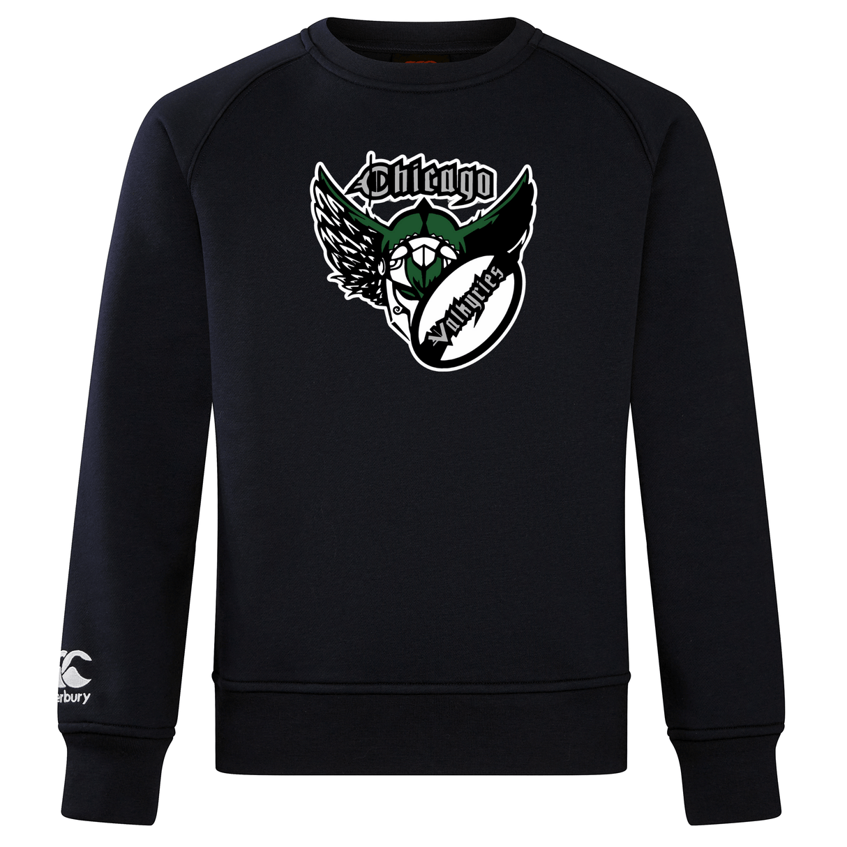 A black WRS Canterbury Chicago Valkyries Club Crew Sweatshirt with a winged skull graphic design in green and white on the front.