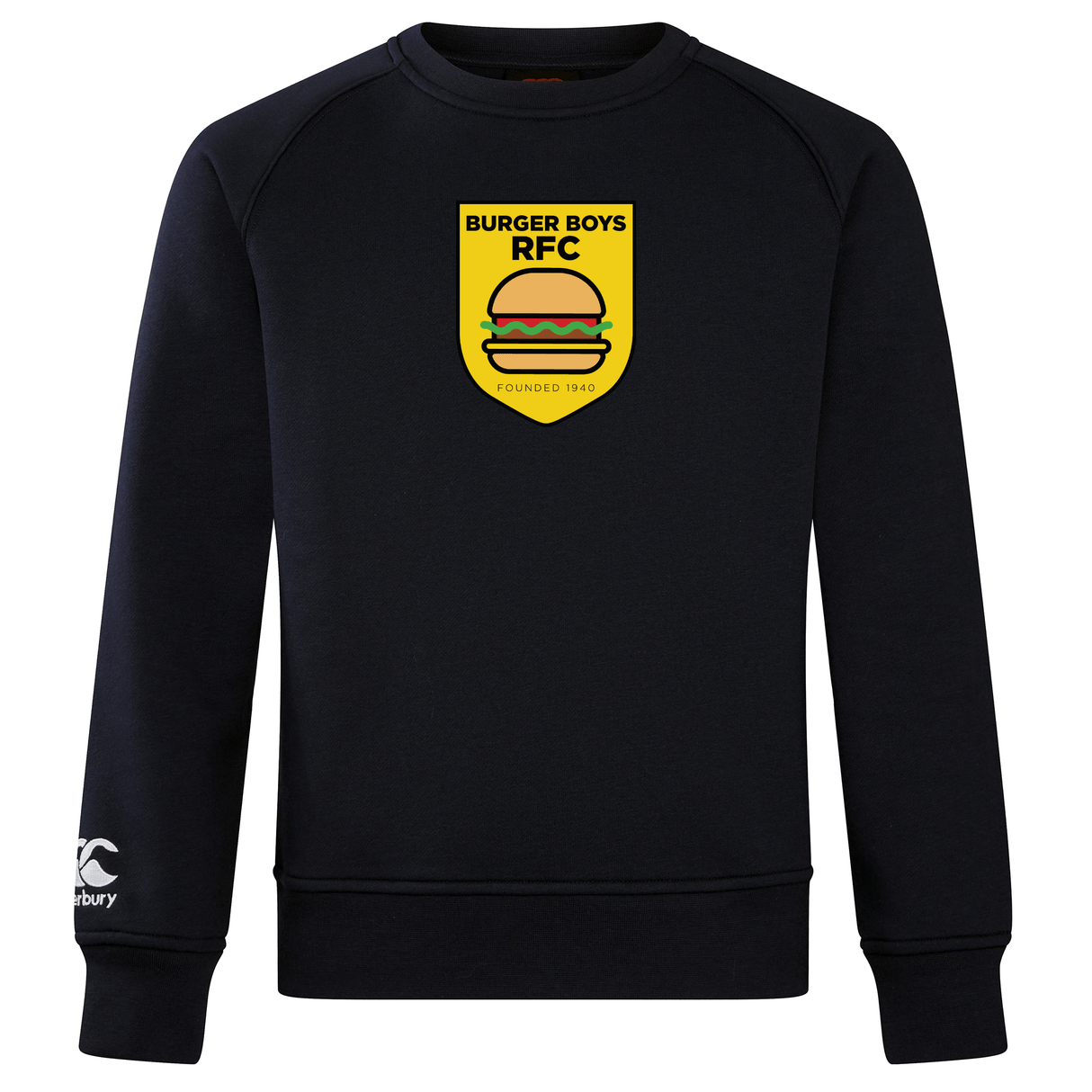 Navy ultra soft sweatshirt from the WRS Canterbury brand, known as the Burger Boys RFC Club Crew Sweatshirt, showcasing a burger logo with the text "BURGER BOYS RFC, Founded 1980" on the front and an embroidered CCC logo from the Canterbury Club Crew collection.
