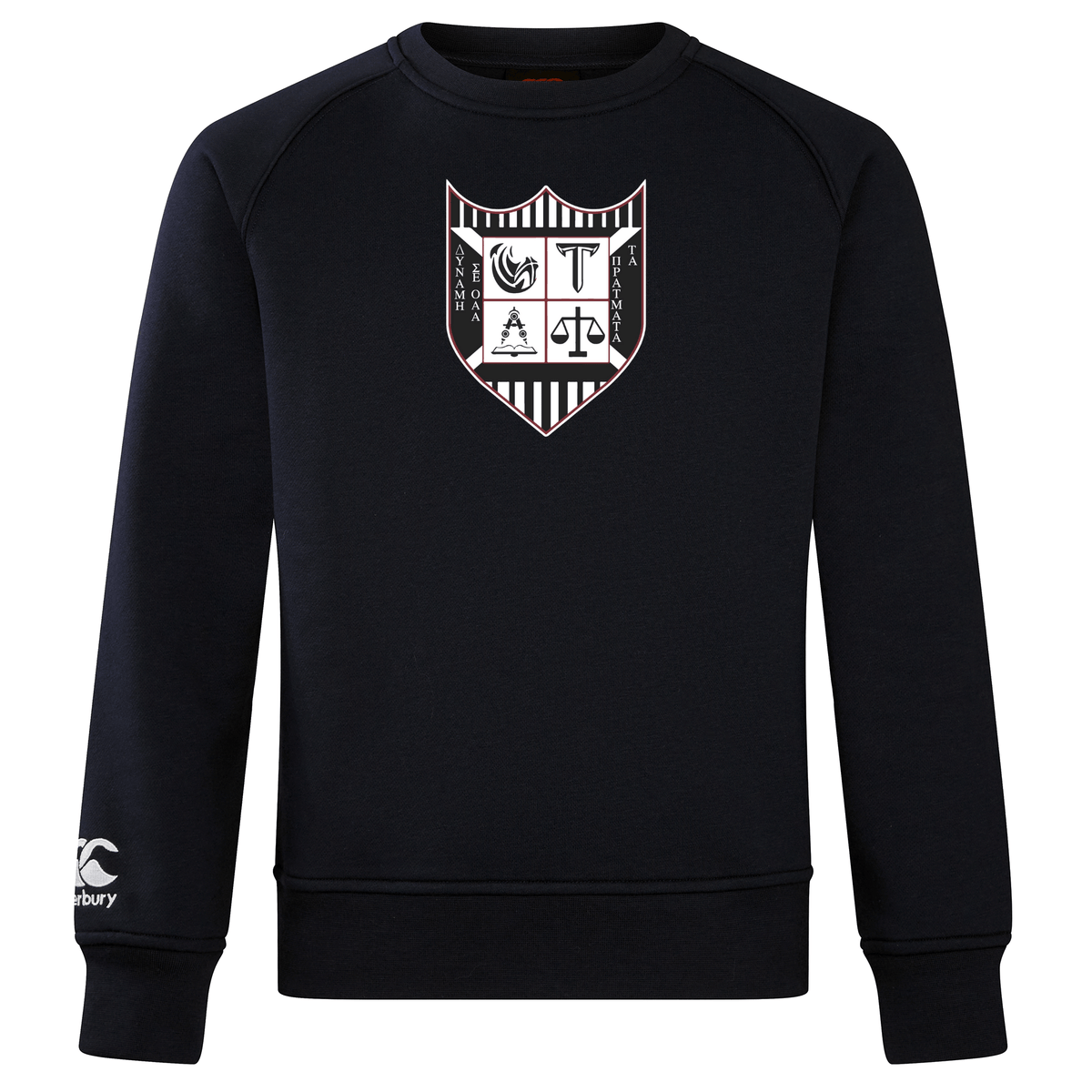 Black Troy University Rugby Club Crew Sweatshirt by WRS Canterbury with a shield-shaped crest featuring heraldic symbols on the chest and a small logo on the left sleeve.
