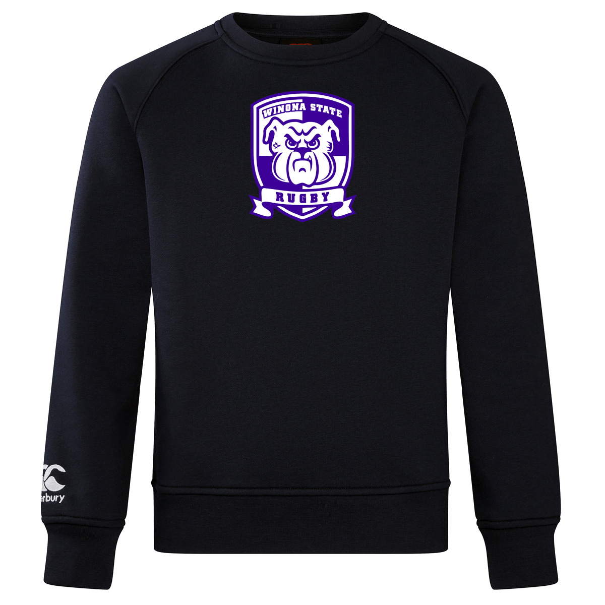 A Winona State University Club Crew Sweatshirt by Canterbury featuring a purple and white "Winona State Rugby" logo with a bulldog graphic on the chest and the WRS Canterbury logo on the right sleeve.
