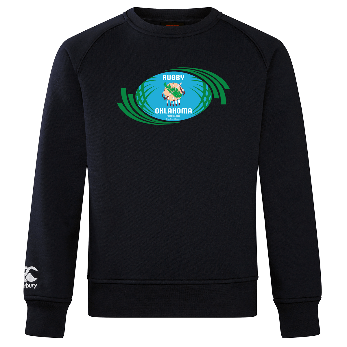 Navy blue WRS Canterbury Club Crew sweatshirt with "rugby Oklahoma" logo featuring a fierce tiger and green laurels, displayed on a mannequin.