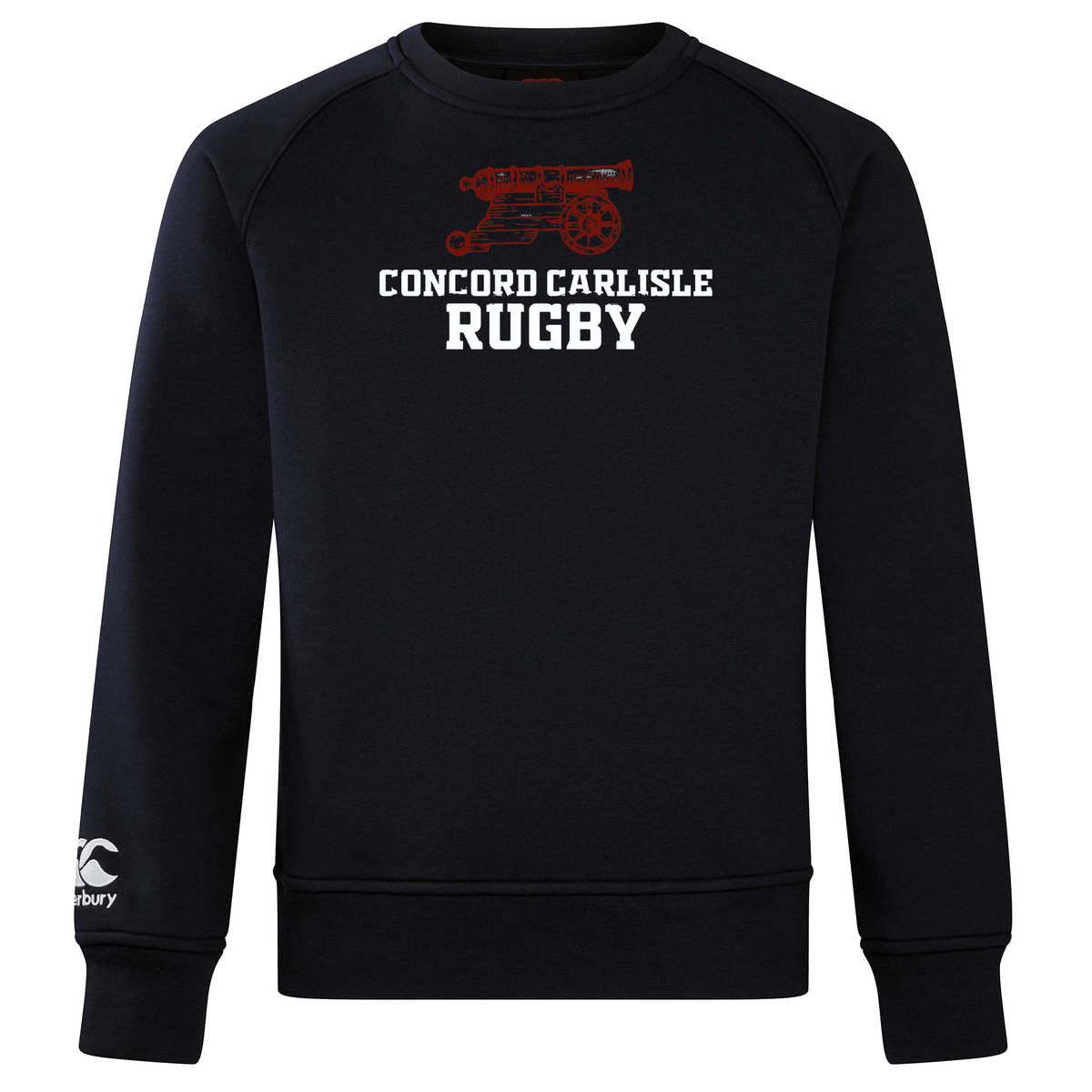This exceptionally soft black sweatshirt, the Concord Carlisle Rugby Club Crew Sweatshirt by WRS Canterbury, showcases "CONCORD CARLISLE RUGBY" and a red cannon graphic on the front. It is an authentic Canterbury Club Crew Sweatshirt, adorned with an embroidered CCC logo for extra detail and style.