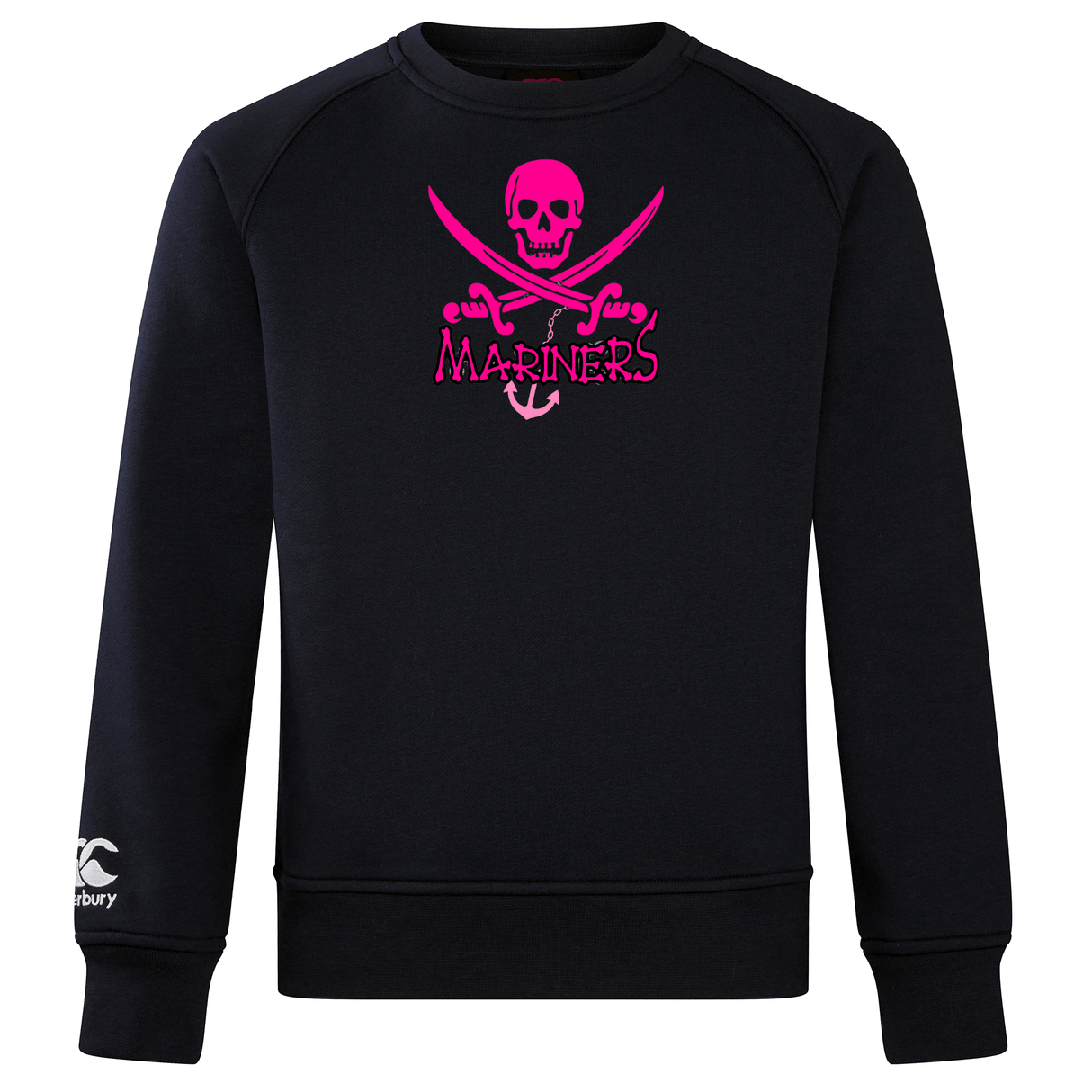 Black crew sweatshirt with a pink "mariners" logo and a skull and crossed swords design displayed on the front: WRS Canterbury SUNY Maritime Club Crew Sweatshirt.