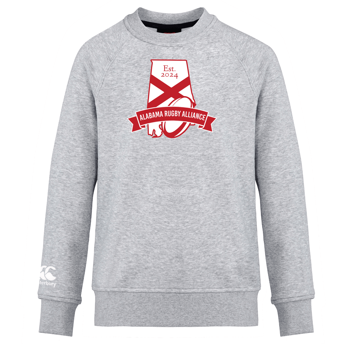 Gray Alabama Rugby Alliance Club crew sweatshirt featuring the WRS Canterbury rugby alliance logo with an anchor and "est. 2024" text, displayed on a white background.