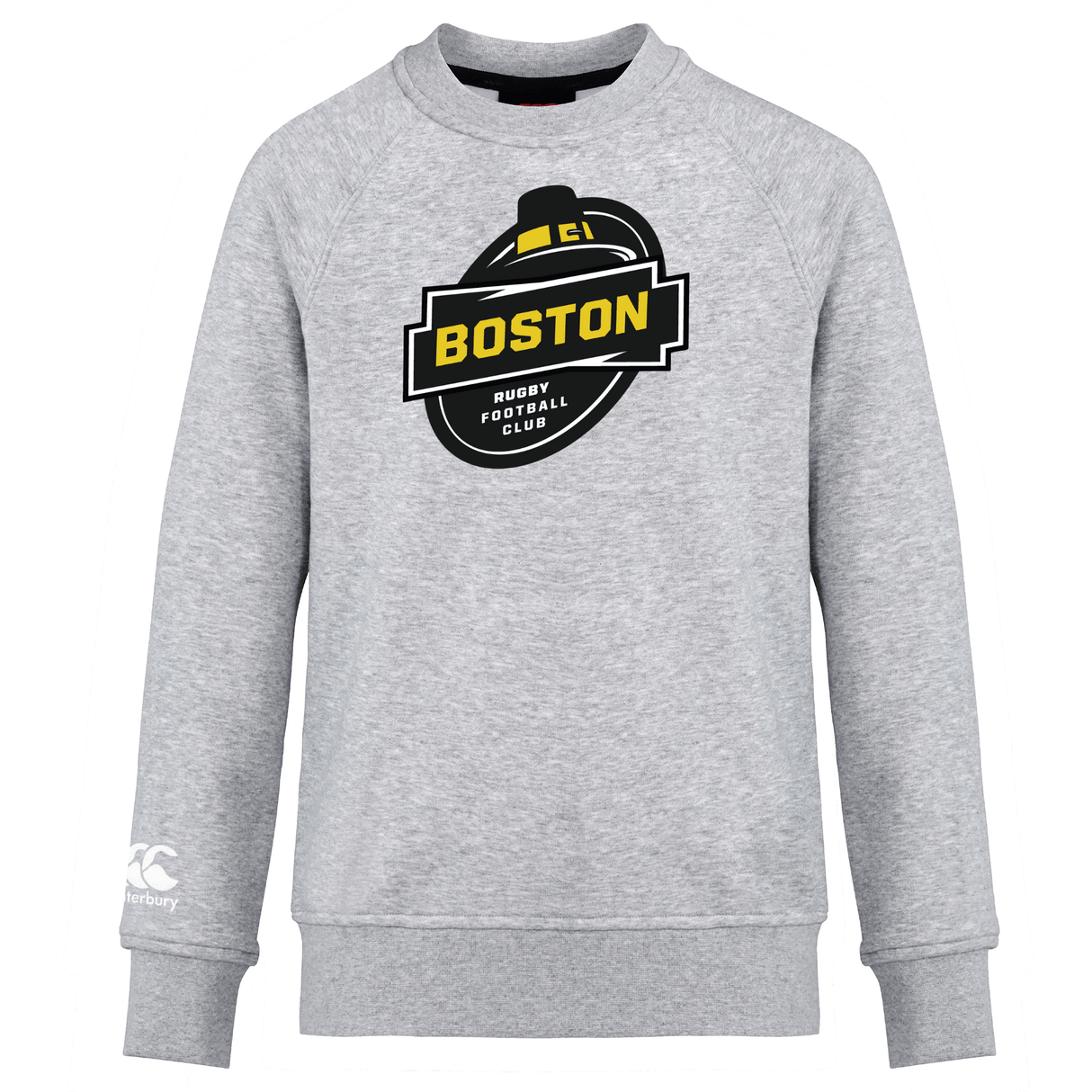 Gray crew sweatshirt with "Boston Rugby Football" logo on the chest and WRS Canterbury Club logo on the left sleeve.