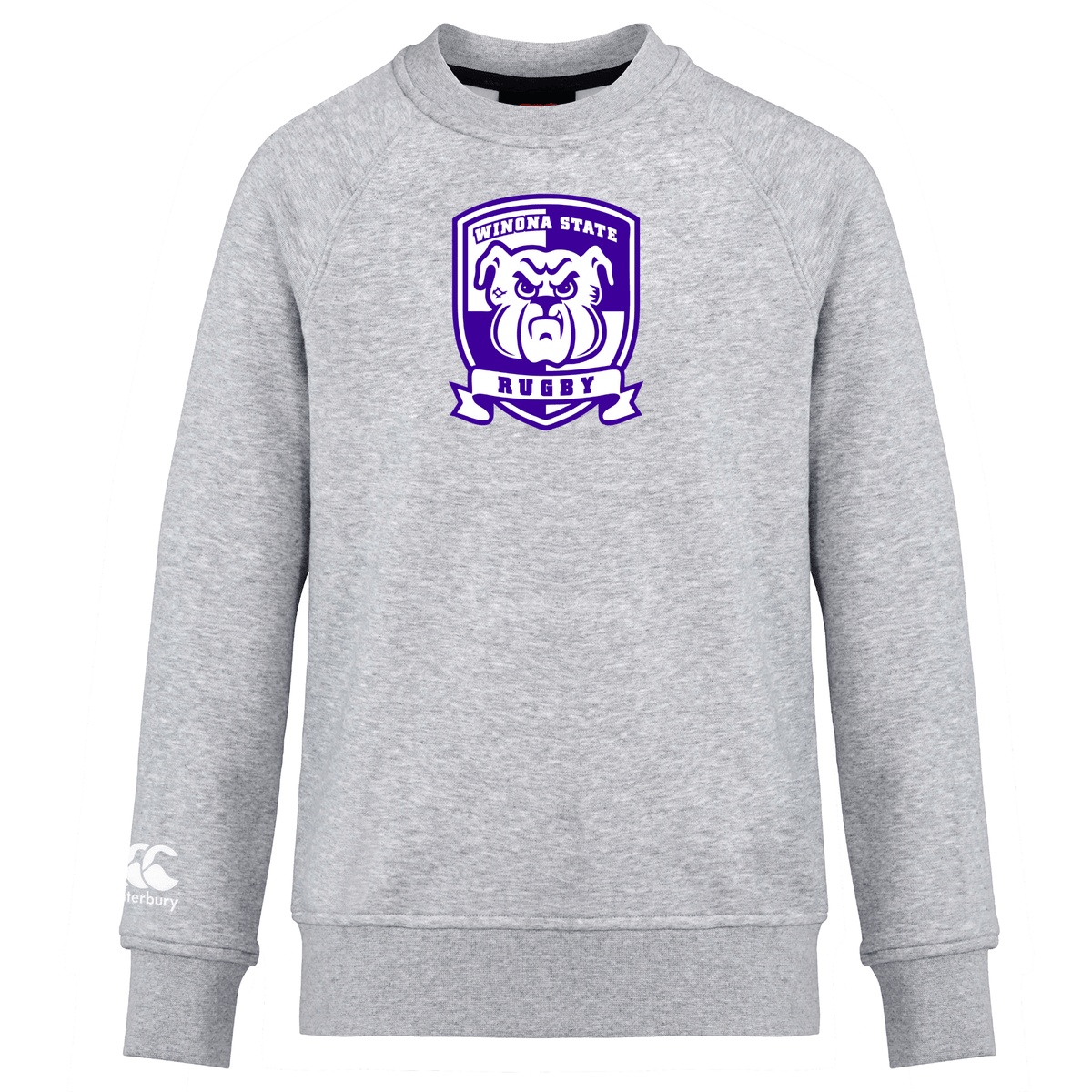 Gray Winona State University Club Crew Sweatshirt by WRS Canterbury featuring a "Winona State Rugby" emblem with a bulldog graphic in purple on the front. The WRS Canterbury logo is displayed on the left sleeve cuff. Perfect for club gatherings and casual wear.