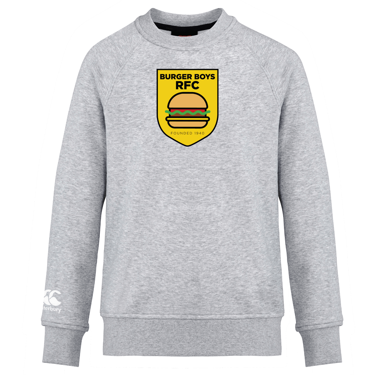 A gray long-sleeve Burger Boys RFC Club Crew sweatshirt by WRS Canterbury featuring a logo that reads "burger boys rfc" with an emblem of a burger, and a Canterbury logo on the sleeve.