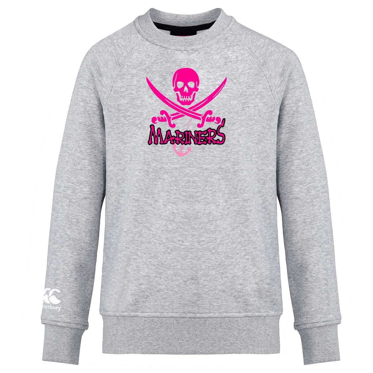 Gray SUNY Maritime Club crew sweatshirt with a pink and white skull and crossbones graphic, labeled "WRS Canterbury," displayed on a white background.