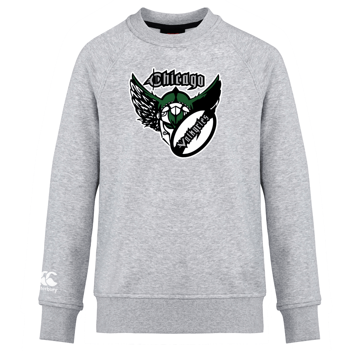 WRS Canterbury Chicago Valkyries Club Crew sweatshirt in gray with a graphic of a green and white eagle logo and the text "Chicago" above it. The left sleeve has a small logo near the wrist.