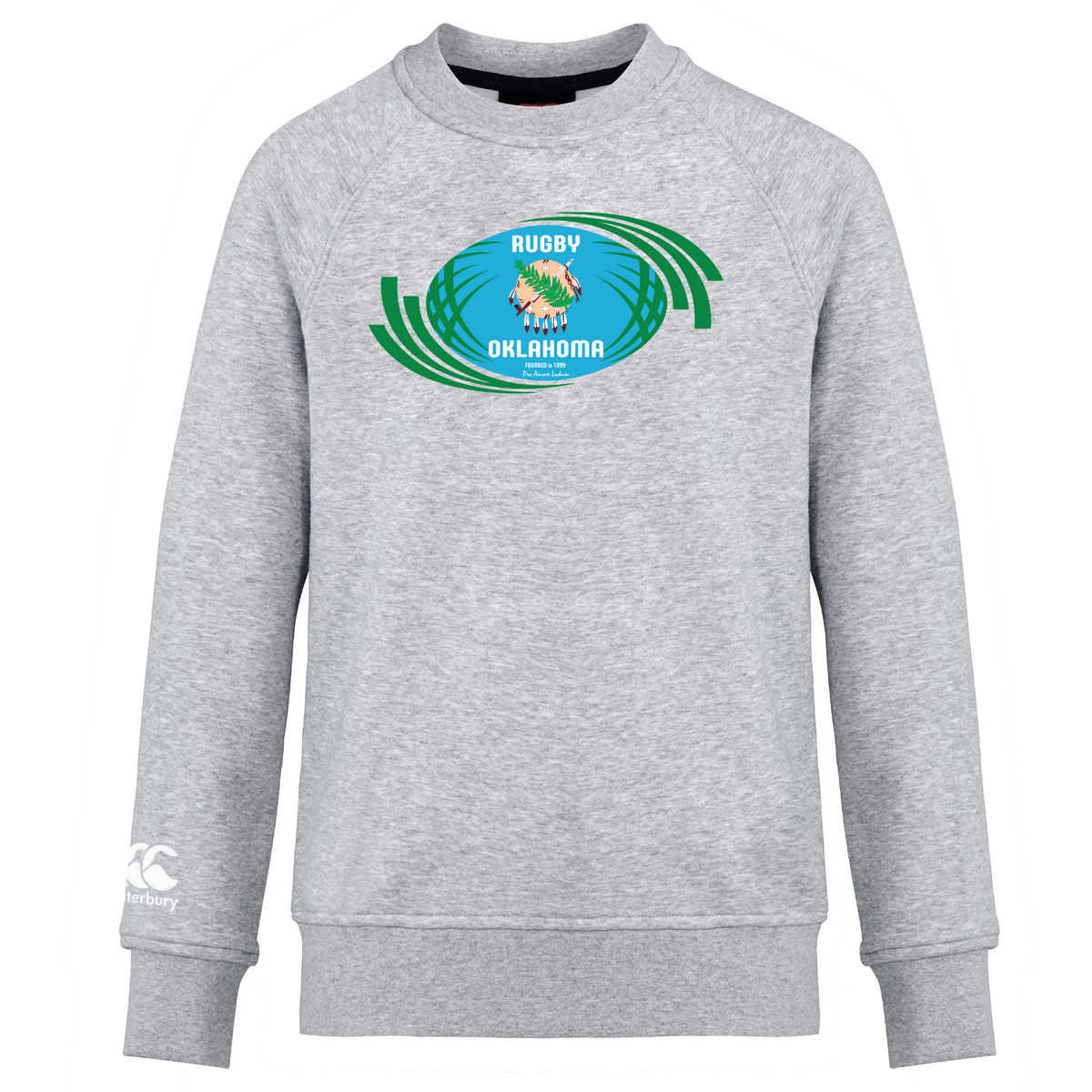 Ultra-soft gray Rugby Oklahoma Club Crew Sweatshirt by WRS Canterbury featuring a "Rugby Oklahoma" design with green and blue elements, an embroidered logo, and a central rugby ball icon.