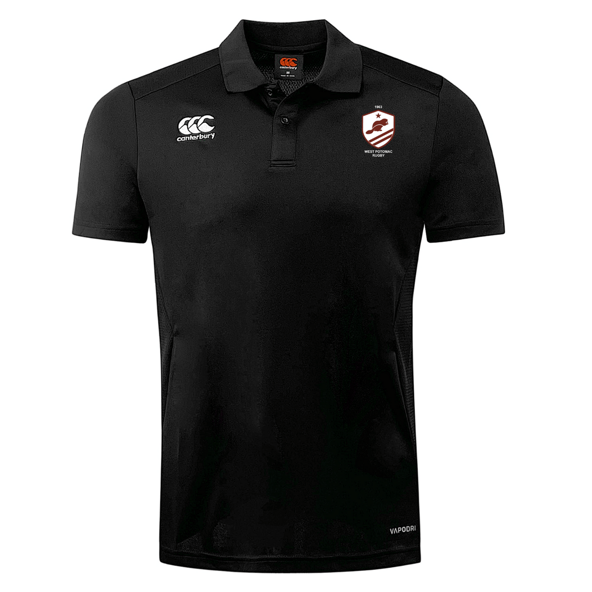 The West Potomac RFC Club Dry Polo by EMB Canterbury is a black short-sleeve collared shirt featuring Vapodri Technology, the Canterbury logo on the right chest, and a red-and-white crest on the left.