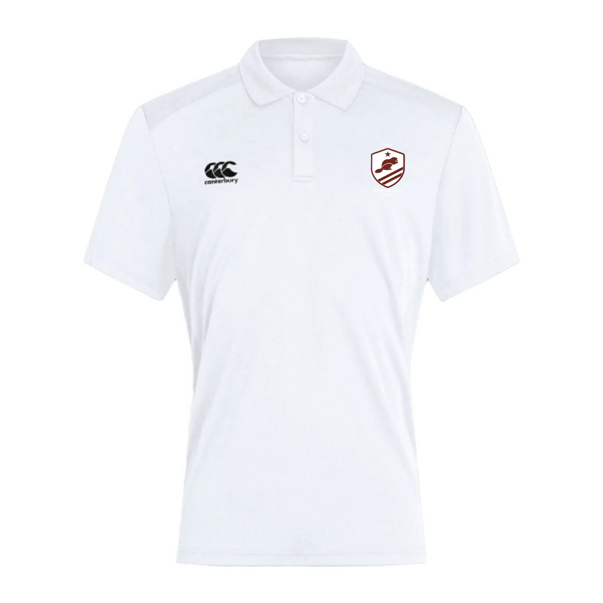 The West Potomac RFC Club Dry Polo by EMB Canterbury is a white short-sleeve polo with a collar, black Canterbury logo, and maroon and white chest emblem. Made with Vapodri Technology for breathable comfort.