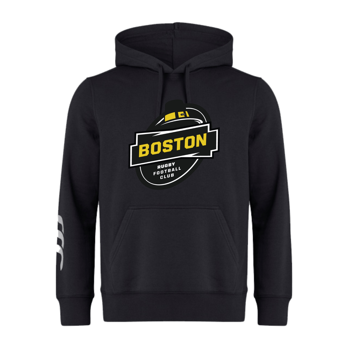 Black Boston RFC Club Hoodie by WRS Canterbury, with a logo on the front and a stripe design on the left sleeve, customization optional.