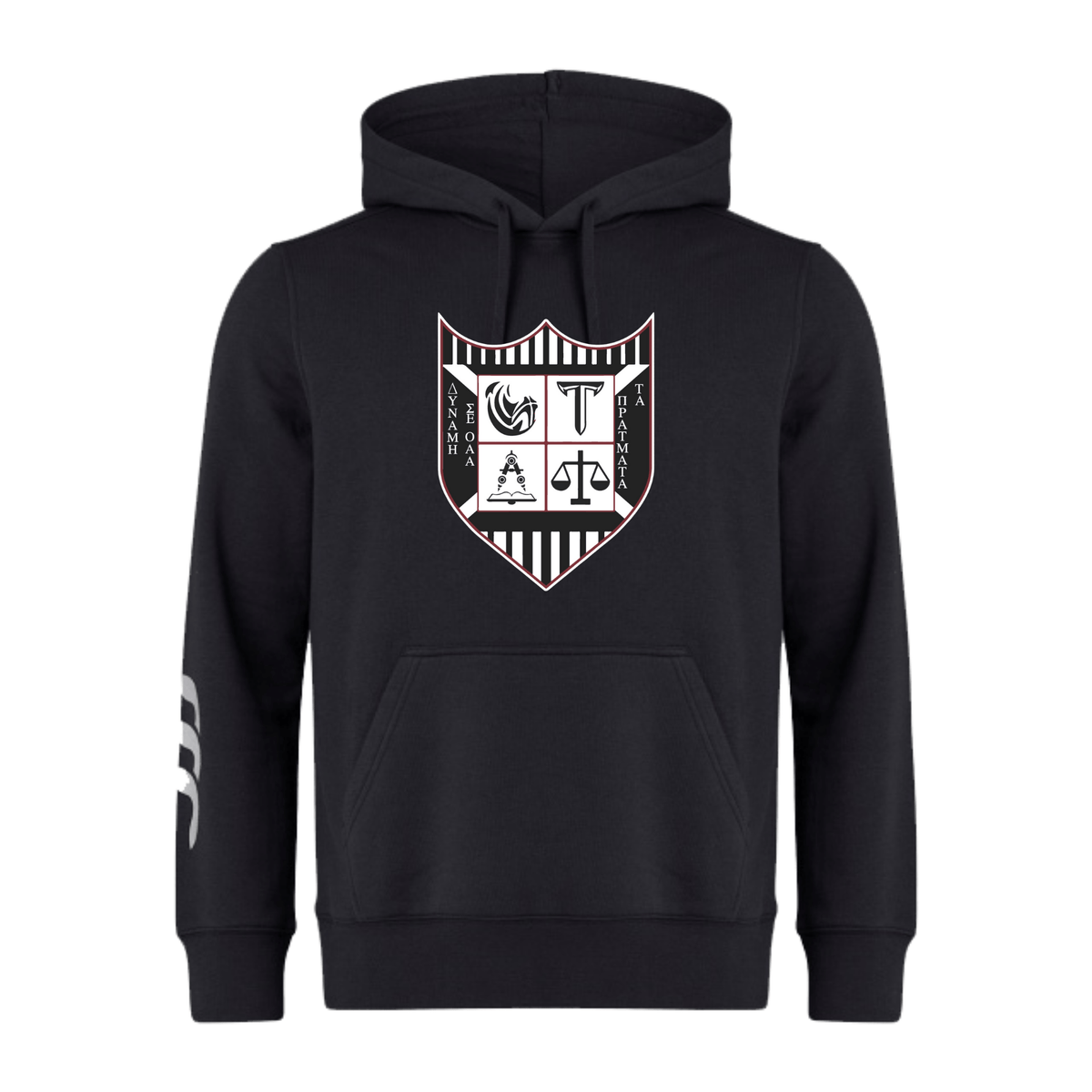 Black WRS Canterbury hoodie with a white shield logo featuring symbolic designs and the letters "CCC" on the front, and a stripe detail on the left sleeve.