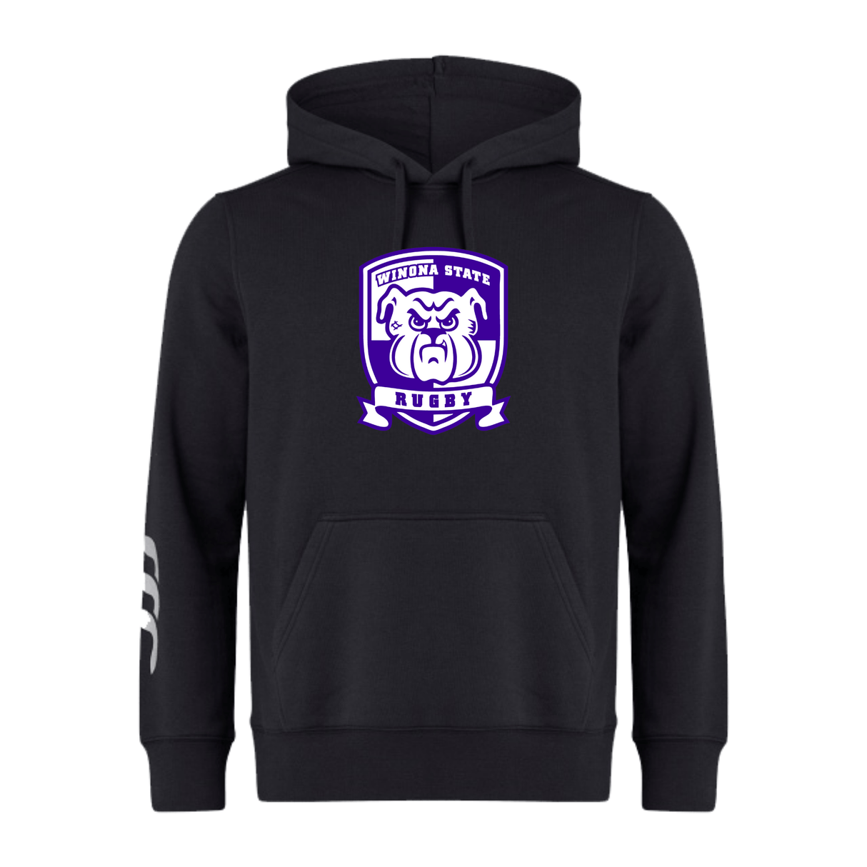 A black Winona State University Club Hoodie by Canterbury featuring the "Winona State Rugby" logo with a bulldog mascot on the front and three horizontal white stripes on the left sleeve, crafted from 300gsm sweatshirt fleece for ultimate comfort by WRS Canterbury.