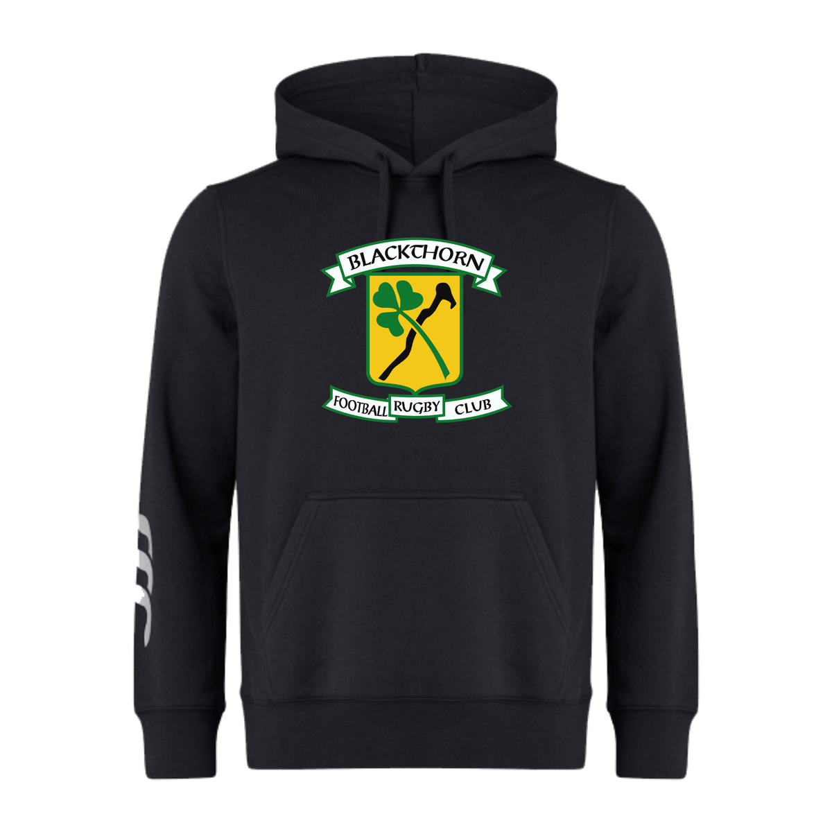 Black Blackthorn RFC Club Hoodie by WRS Canterbury featuring a "blackhorn football rugby club" logo with crossed hammers in green and yellow on the chest.