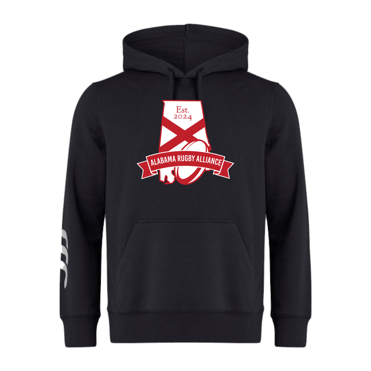 Black Alabama Rugby Alliance Club hoodie with a red and white WRS Canterbury logo featuring "est. 2024" at the top, displayed on a plain background.