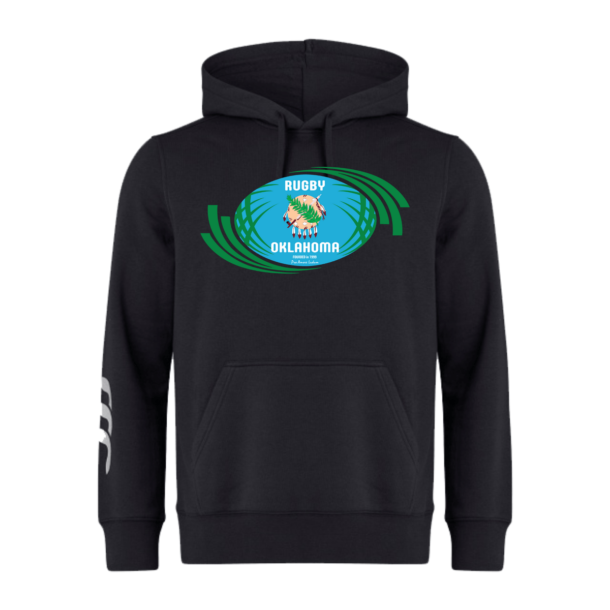 Black Rugby Oklahoma Club Hoodie by WRS Canterbury featuring a tiger and green stripes on the front, and a white CCC logo on the left sleeve. Customization optional.