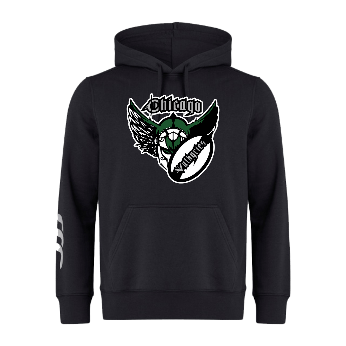 Black sweatshirt fleece hoodie with a "Chicago Valkyries Club" logo featuring a stylized green monster face with wings, displayed on the chest, by WRS Canterbury.