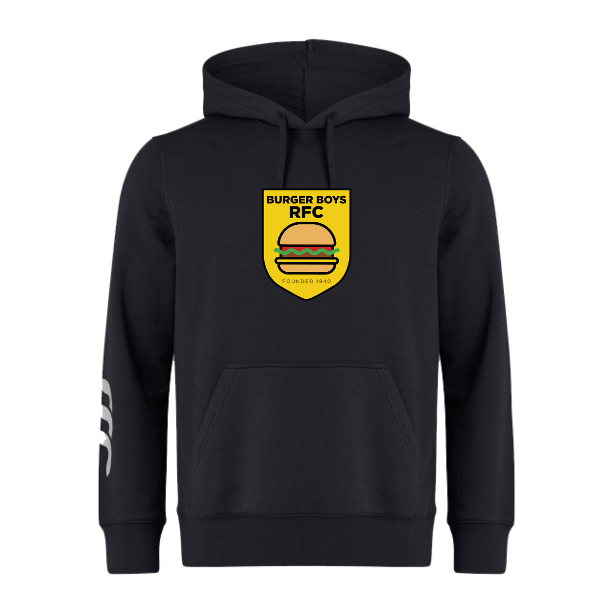 Black hoodie with a "Burger Boys RFC Club" logo by Canterbury featuring a burger, founded in 1945, and stripes on the left sleeve.