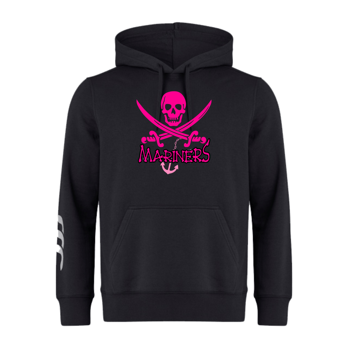 Black SUNY Maritime Club hoodie with a pink "CCC Rugby" logo and skull and crossbones design on the front, and a small logo on the left sleeve by WRS Canterbury.