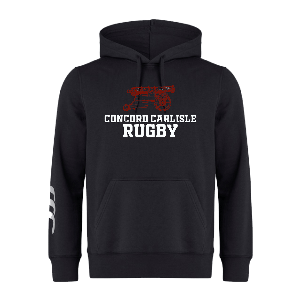 Black sweatshirt fleece hoodie with "Concord Carlisle Rugby Club Hoodie" text and a red rugby ball graphic on the front, and a stripe on the left sleeve from WRS Canterbury.