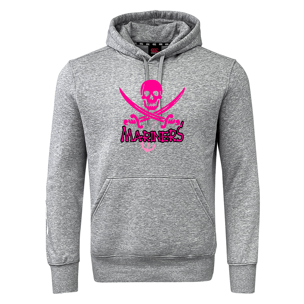 Gray SUNY Maritime Club Hoodie by WRS Canterbury with a skull and crossed swords logo and the word "CCC" in pink.