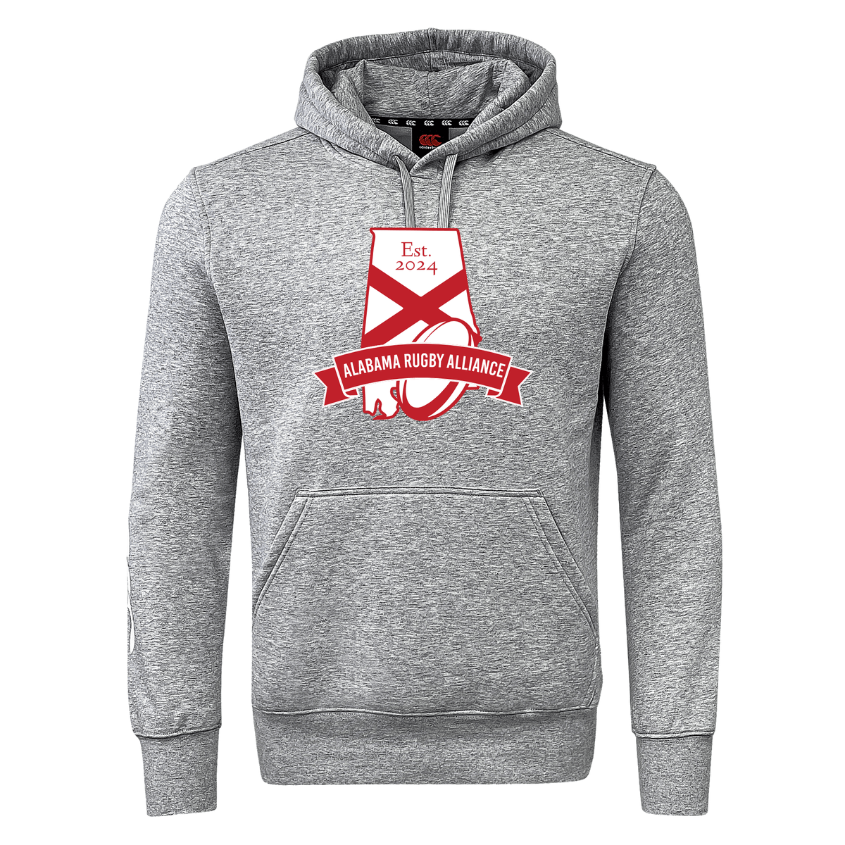 Gray hooded sweatshirt fleece with "Alabama Rugby Alliance Club" logo and "est. 2024" text on the front by WRS Canterbury.