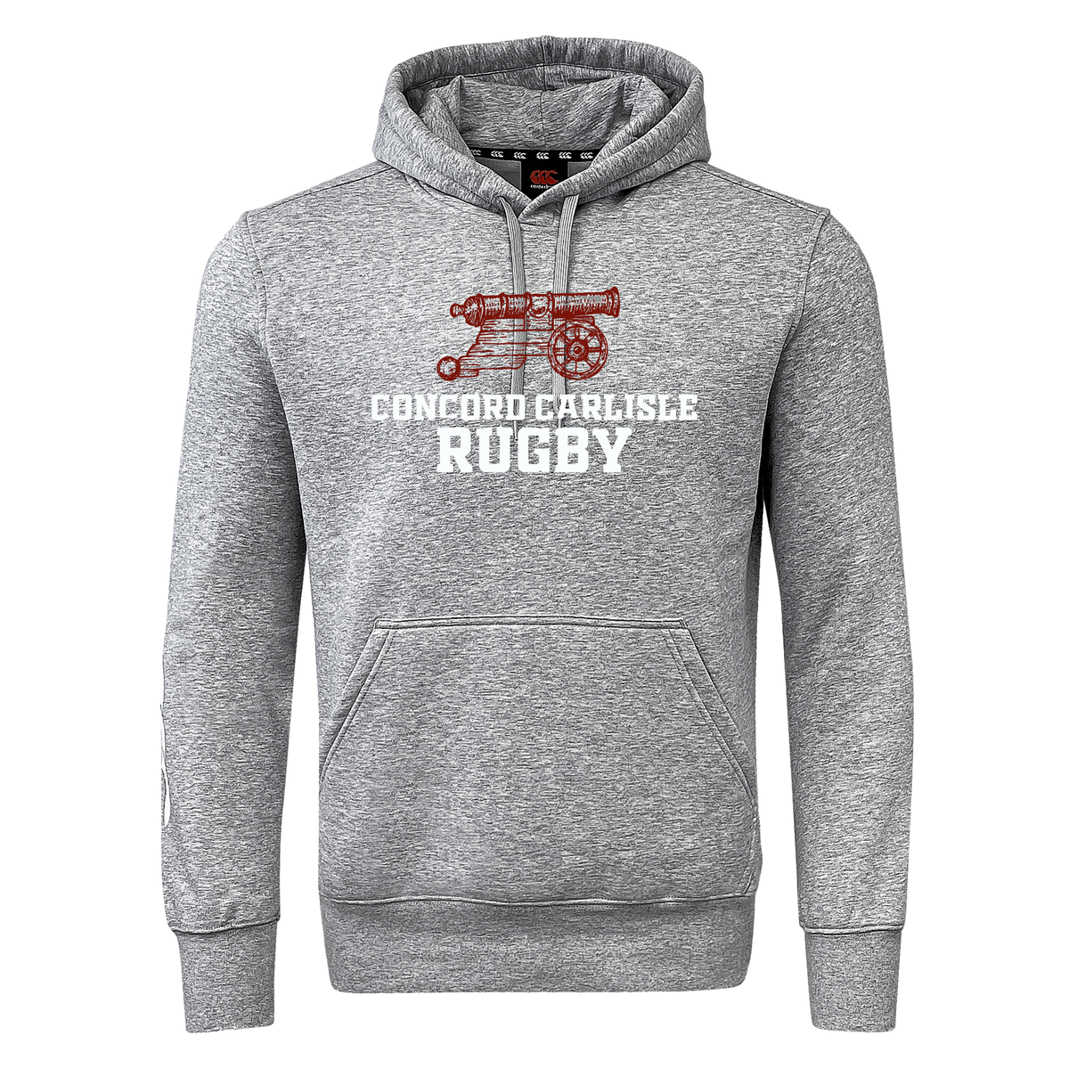 Gray hooded sweatshirt fleece with "Concord Carlisle Rugby Club Hoodie" and a red rugby emblem printed on the front by WRS Canterbury.