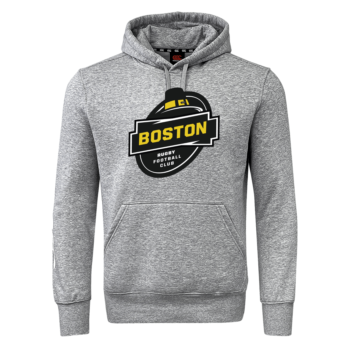 Gray Boston RFC Club Hoodie with a "WRS Canterbury Boston Rugby Football Club" logo on the chest. Customization optional.