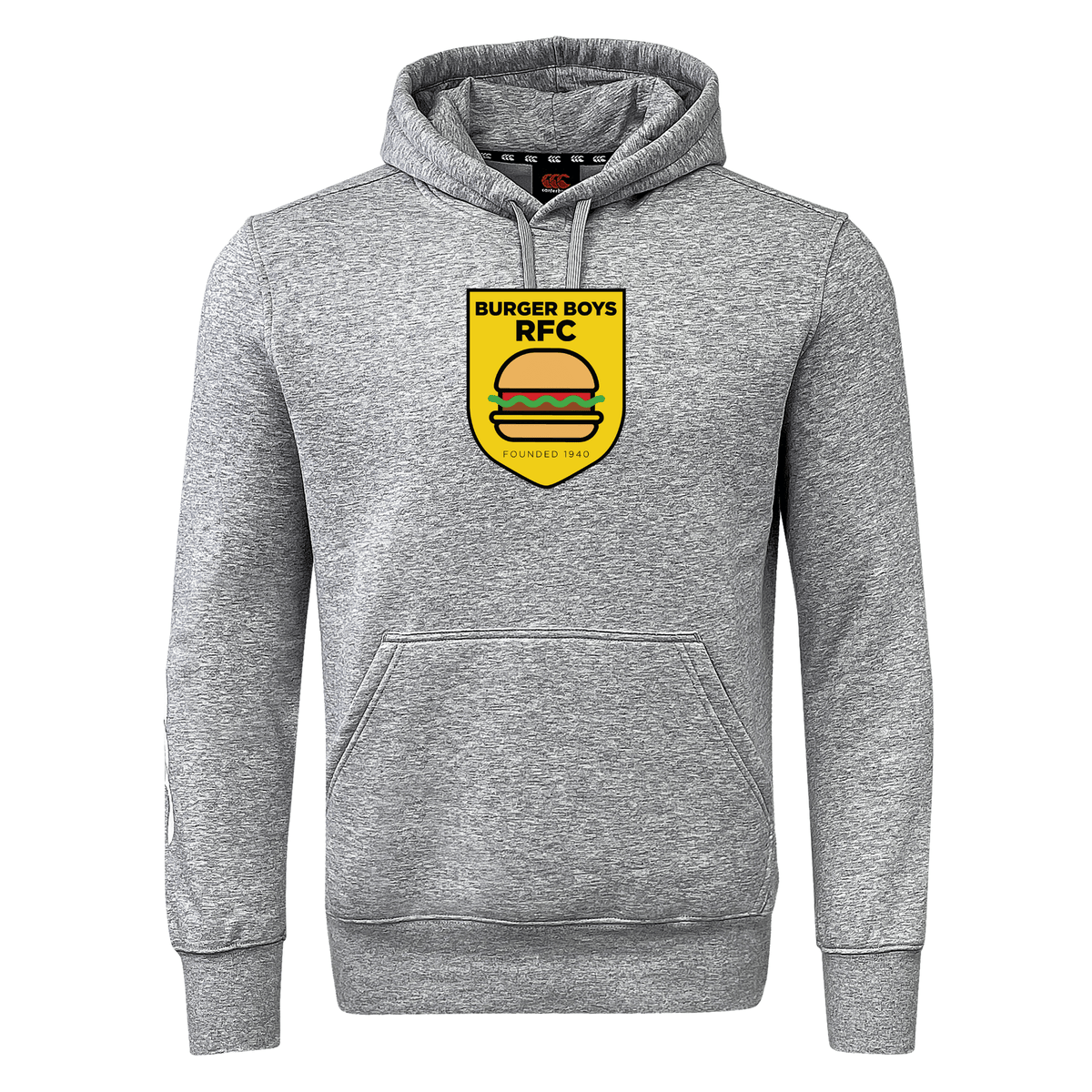 Gray hooded sweatshirt featuring the "burger boys rfc" logo with a yellow, black, and red crest on the chest, from WRS Canterbury.