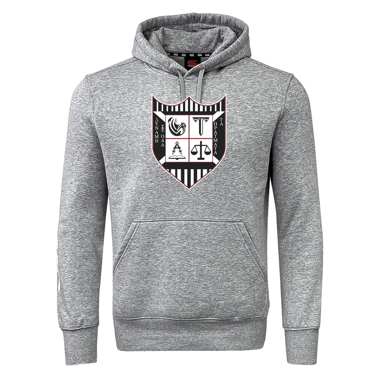 Gray Troy University Rugby Club fleece hoodie with a drawstring hood featuring a black and white CCC Rugby crest design with various symbols on the chest by WRS Canterbury.