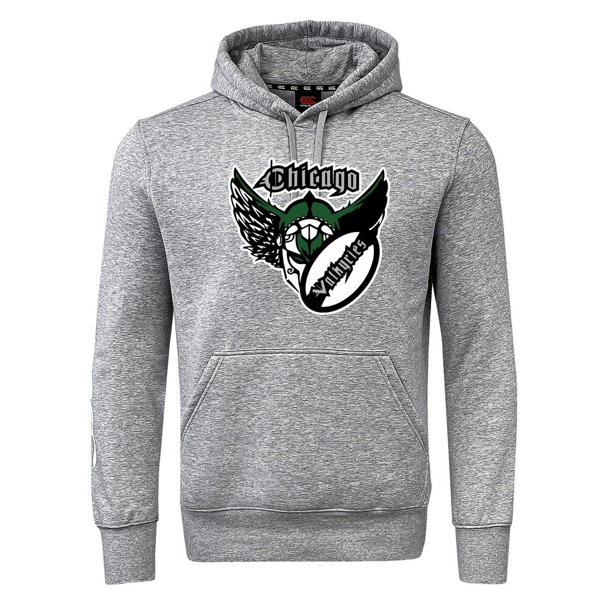 Gray hooded sweatshirt made from sweatshirt fleece, featuring a "Chicago Valkyries Club" logo with a stylized monster face and wings, presented on a plain background.