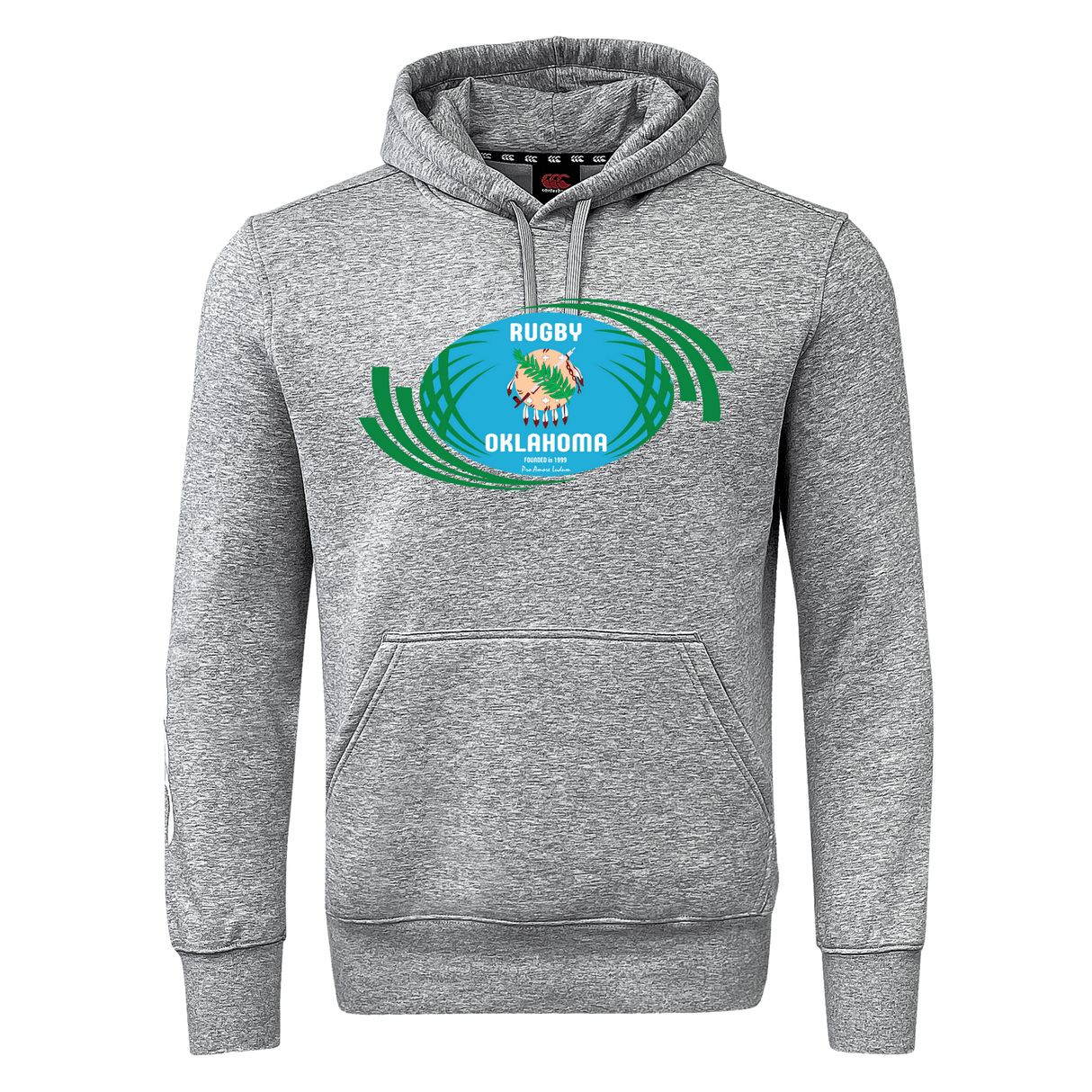 Grey hooded Rugby Oklahoma Club Hoodie by WRS Canterbury featuring a "CCC rugby oklahoma" logo with blue text and a green laurel wreath surrounding an orange-haired player. Customization optional.