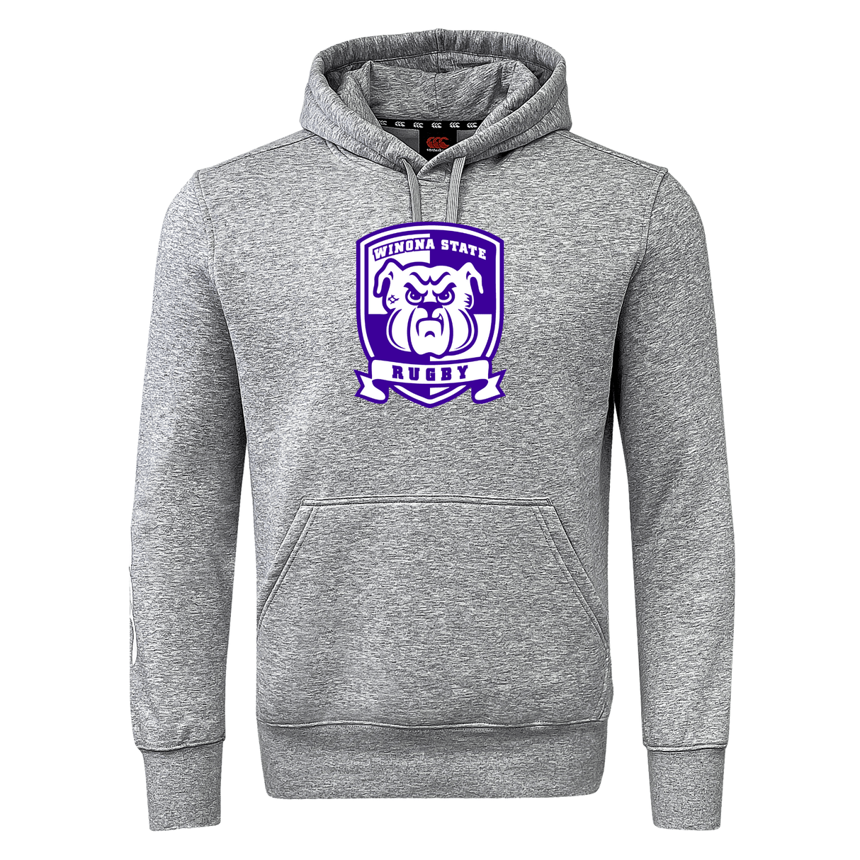 Gray hoodie with a front pouch pocket, featuring a purple and white "Winona State Rugby" emblem with a bulldog design in the center, crafted from 300gsm sweatshirt fleece for premium comfort. This Winona State University Club Hoodie by Canterbury also sports WRS Canterbury sleeve branding for an authentic touch.
