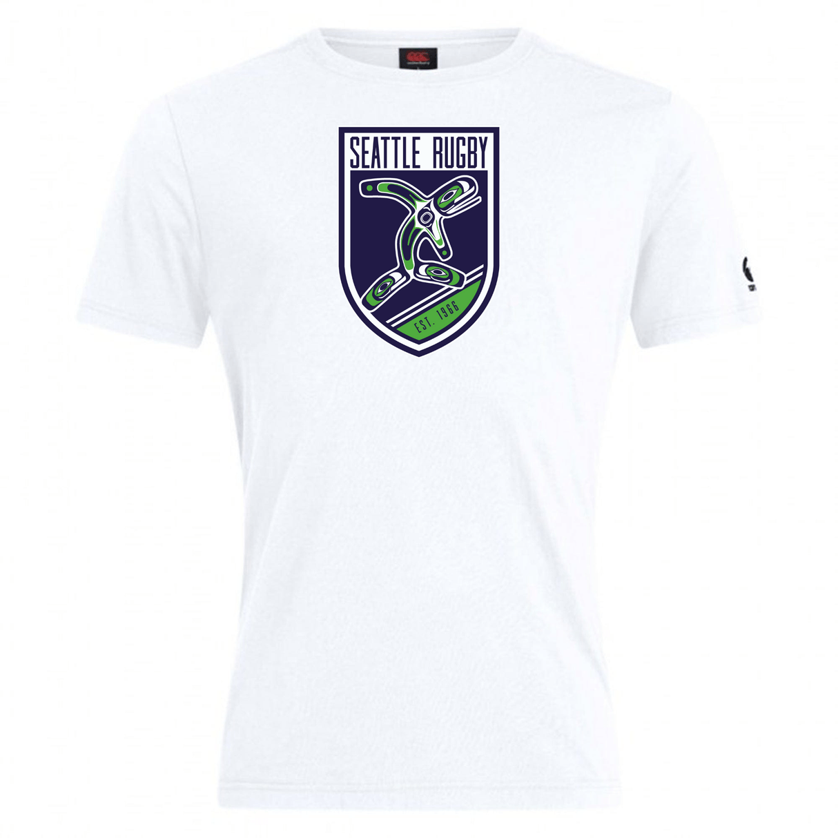 White cotton blend Seattle Rugby Club Club Plain Tee by WRS Canterbury with the Seattle rugby team logo on the front, displayed against a plain background.