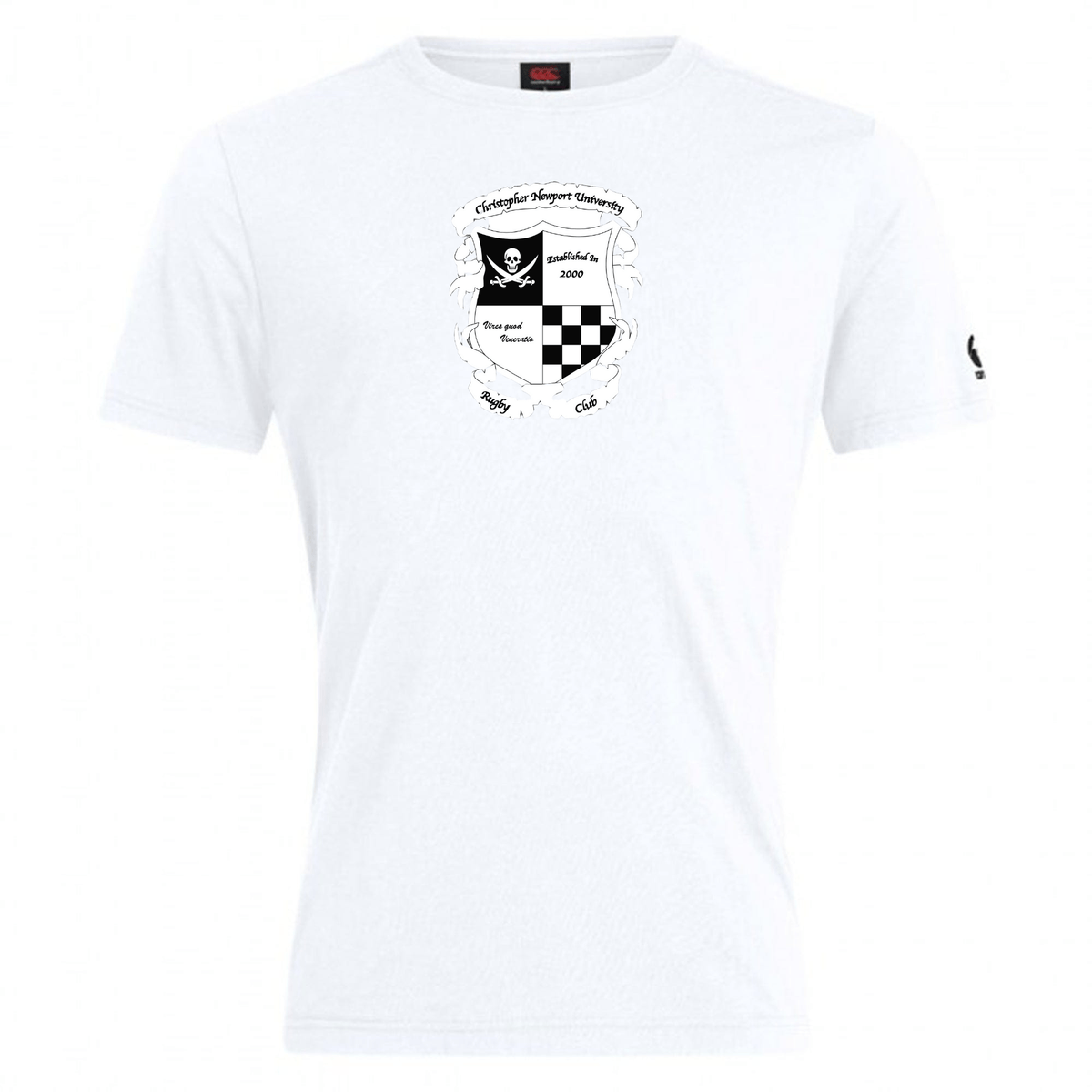 White cotton blend t-shirt with a black and white crest design on the chest featuring an eagle, a shield, and text, with a small WRS Canterbury branding logo on the sleeve.