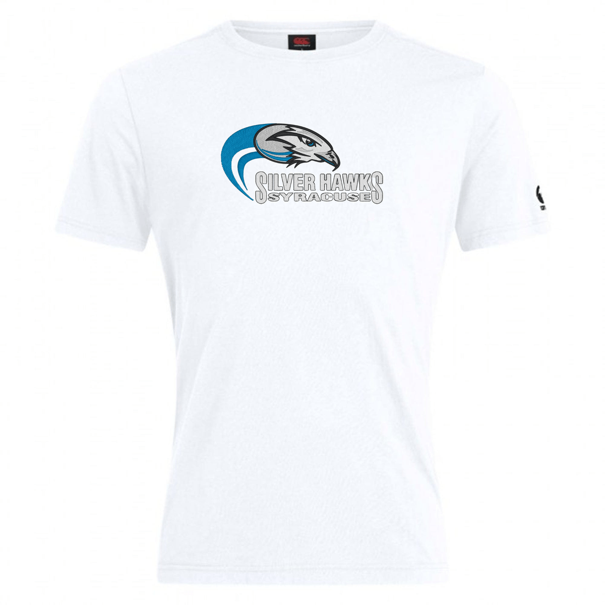 A premium cotton-heavy blend white t-shirt featuring an illustrated hawk logo in blue and grey with the text "Silver Hawks Syracuse" on the front. This Syracuse Silver Hawks Club Plain Tee by Canterbury is also customizable for a personalized touch from WRS Canterbury.