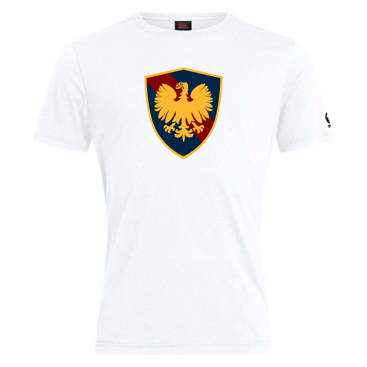 A white cotton blend Cincinnati Classical Academy Club Plain Tee by WRS Canterbury with a shield emblem featuring a golden eagle on a blue and red background, located on the chest area.
