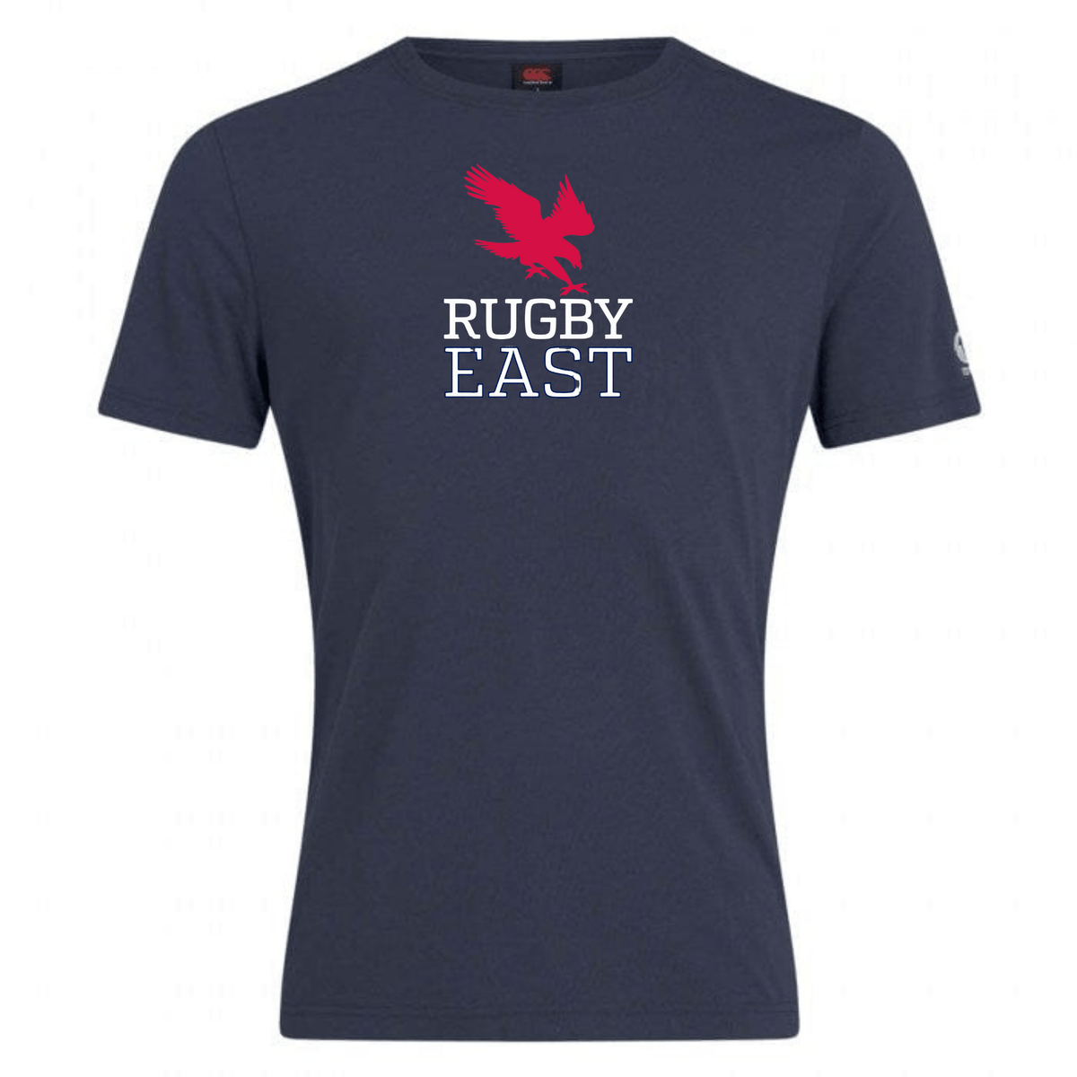 A navy blue Rugby East Conference Club Plain Tee by Canterbury featuring a red eagle graphic above the words "RUGBY EAST" in white text on the front, crafted from a comfortable cotton blend by WRS Canterbury.
