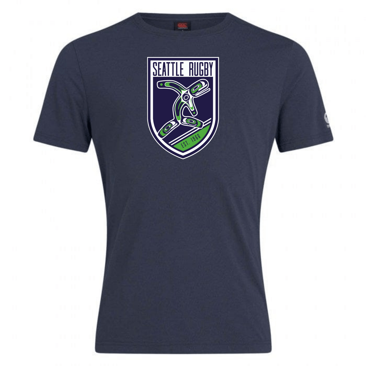 Navy blue WRS Canterbury Seattle Rugby Club Club Plain Tee crafted from a cotton blend, featuring the Seattle rugby logo with a green and white emblem that includes a rugby ball and anchor design.