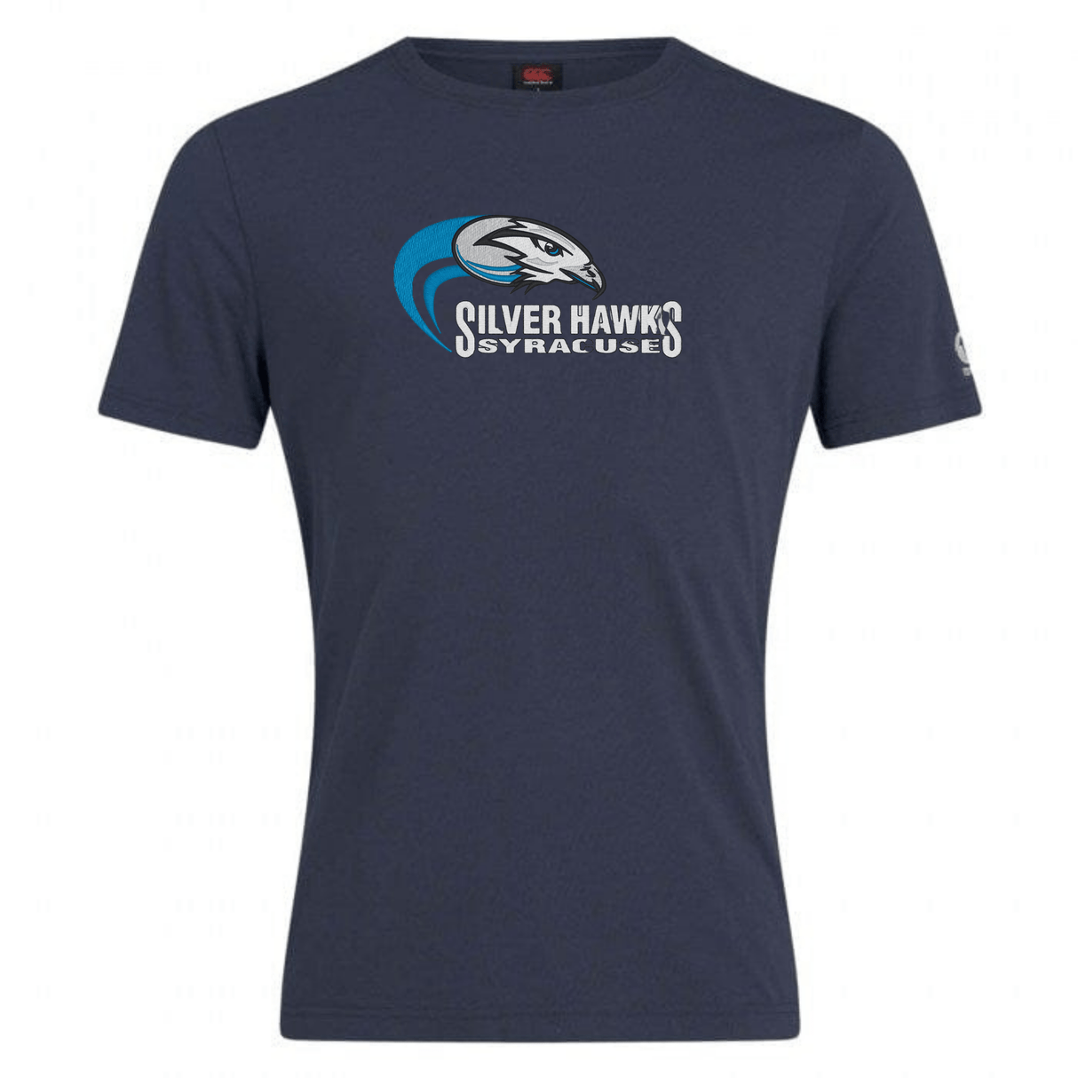 Navy blue premium cotton blend T-shirt with a "Silver Hawks Syracuse" logo featuring a hawk head illustration above the text. This customizable Syracuse Silver Hawks Club Plain Tee by Canterbury offers both style and comfort for every supporter.