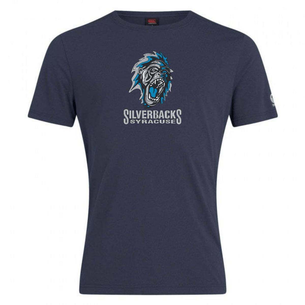 A navy blue Syracuse Silverbacks Club Plain Tee by Canterbury proudly displays a graphic of a roaring gorilla head above the text "Silverbacks Syracuse," crafted from a premium cotton-heavy blend for durability and comfort.