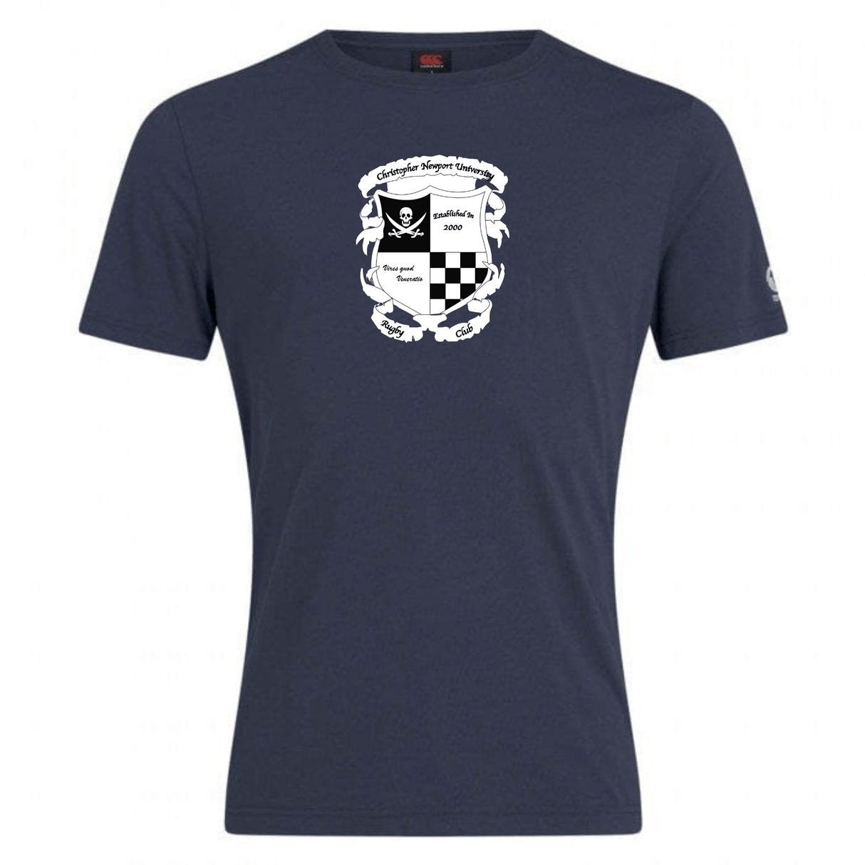 Navy blue cotton blend t-shirt with a circular black and white RFC at Christopher Newport University Club crest design featuring racing elements and WRS Canterbury branding, displayed on a plain background.