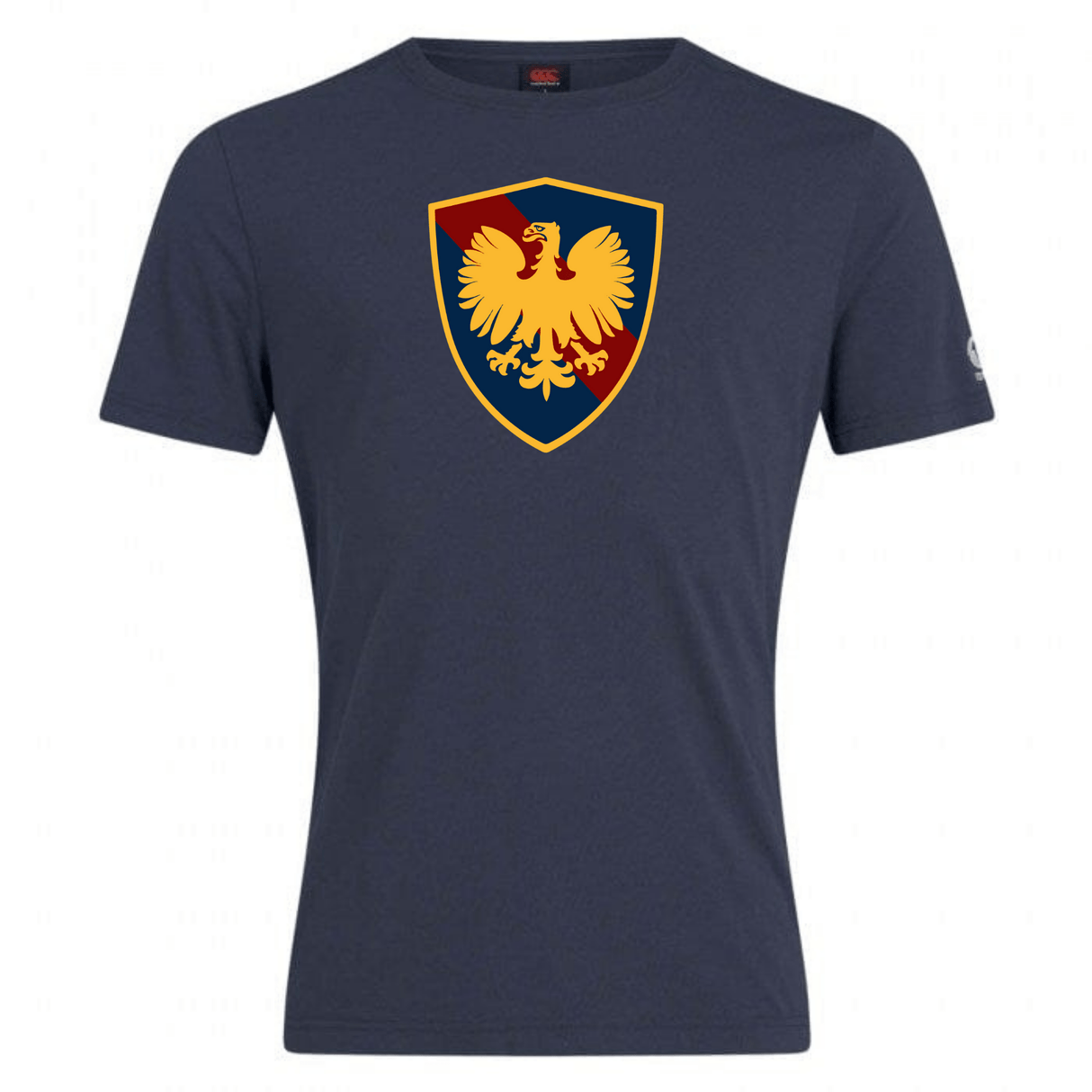 Navy blue Cincinnati Classical Academy Club Plain Tee by WRS Canterbury with a shield emblem featuring a golden eagle on a red background, displayed on the chest area, made from cotton blend.